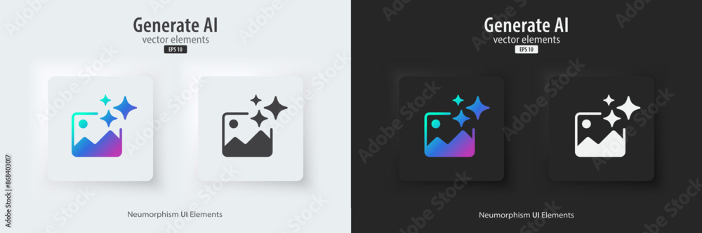 Aufkleber AI generate image icon. A set of buttons with symbols. Image enhancement, improved quality, generated. Artificial intelligence technology concept. Neumorphism style, UI UX design, Vector illustration.