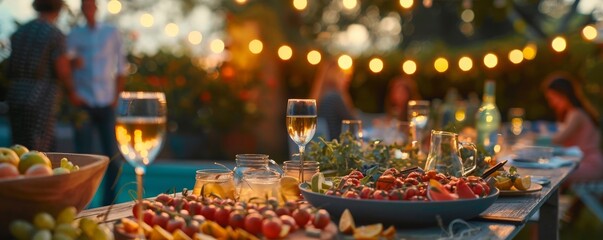 An outdoor garden party with friends enjoying a delicious spread of food and drinks in a beautifully lit setting at sunset, friends get together