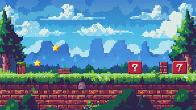 Pixel art game background with button level up. Game design concept in retro style. Vector illustration. Game screen pixel 