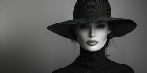 Elegant lady in wide brimmed hat on grey background. Black and white portrait of young and beautiful woman. Retro fashion, monochrome noir concept. Banner with copy space © Margarita Ratatosk
