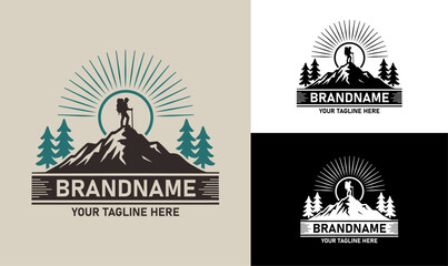Mountain Climber Logo Design with Peak, Trees, and Sun Rays in Circular Design