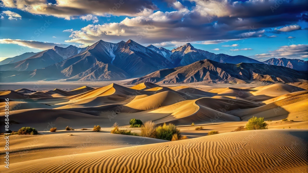 Wall mural Scenic desert landscape with sand dunes and majestic mountains in the background, desert, landscape, sand dunes, mountains