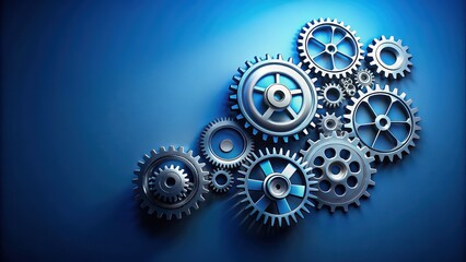 Mechanical harmony achieved by interlocking gears on a deep blue background, mechanical, harmony, gears