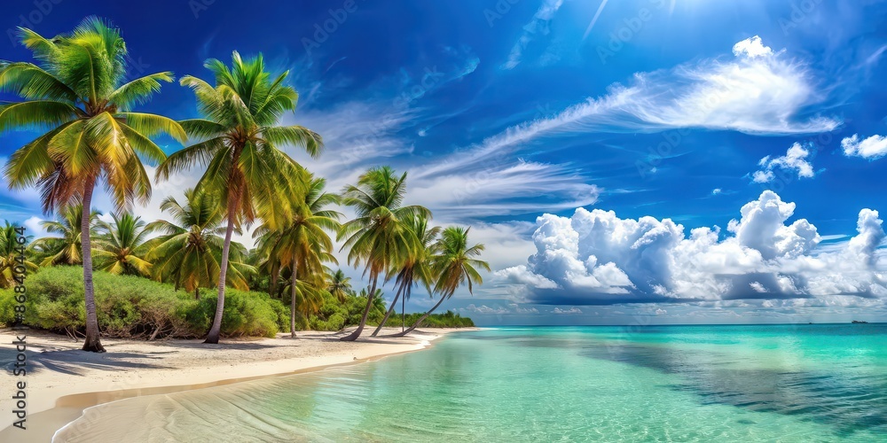 Sticker Panoramic view of a sunny tropical Caribbean beach with palm tree and turquoise water, beach, palm tree, tropical, Caribbean, sea