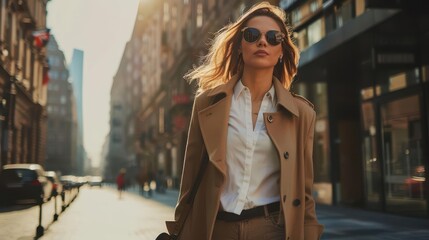 Obraz premium urban chic confidence fashionable young woman striding through city streets showcasing trendy outfit and selfassurance lifestyle photography