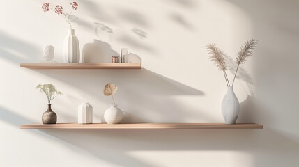 Minimalist wall design with floating shelves holding a refined and curated assortment of decor items.