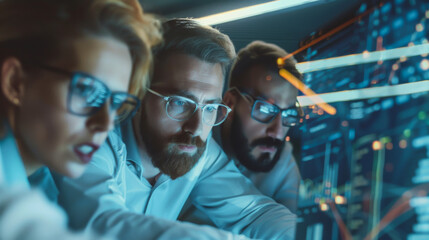 Portrait of young people in office clothes working in a modern technological office. A team of employees works together on a project in a dark room with digital screens. Lifestyle.
