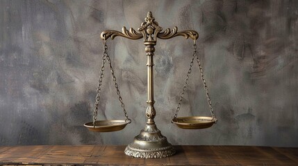 An antique brass scale on a wooden table, against a textured background, epitomizing balance, justice, and fairness with intricate design details and vintage charm.