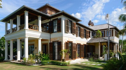 Fototapeta premium traditional manor with classic wooden Bahama shutters, preserved to enhance the historical integrity while providing modern functionality