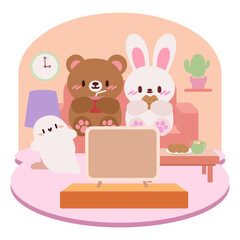 Cute Cartoon Animals Watching TV. Kawaii Bear, Bunny, and Ghost Relaxing with Snacks. Adorable Characters Enjoying TV Time Together