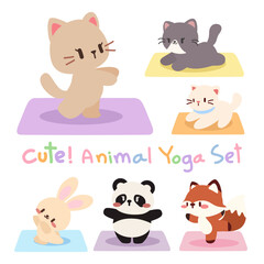Cute Kawaii Animal Yoga Set. Adorable Cartoon Illustration. Kawaii Yoga Poses with Animals. Animal Yoga Collection With Kawaii Characters in Yoga Poses