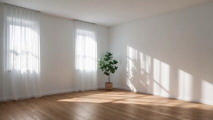 Obraz premium White background, empty white room with wooden floor is a quiet and simple space. Pure white walls give a feeling of openness.
