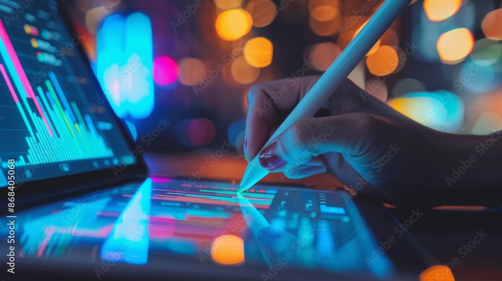 Leinwandbilder A person using a digital pen to annotate a graph on a tablet, emphasizing the interactive nature of modern data analysis tools.