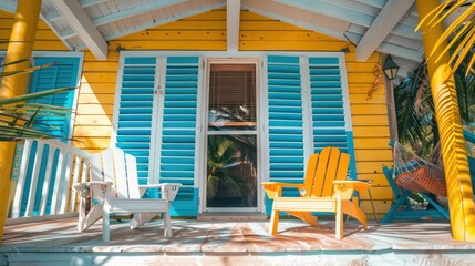 tropical beach house with brightly painted Bahama shutters, offering cheerful vibes and effective sun protection
