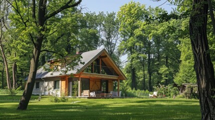Projet de maison d'architecte en bois naturel avec un toit &Atilde;&nbsp; deux pentes au milieu de la for