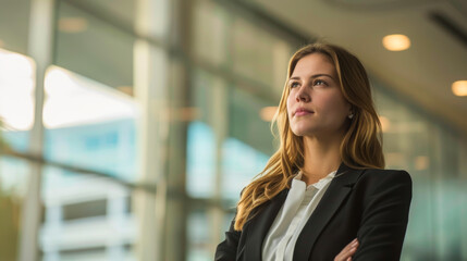 Portrait of a young woman in office clothes standing in a light office corridor. Beautiful woman looking at camera indoors. Office work concept.