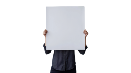 Woman hand show white blank paper , holding blank poster mockup, no face, on transparent background