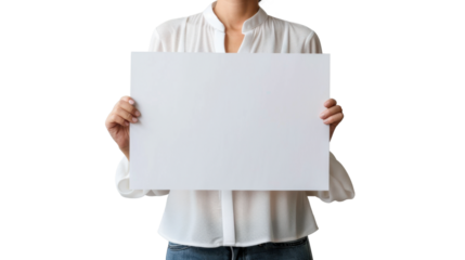 Woman hand show white blank paper , holding blank poster mockup, no face, on transparent background