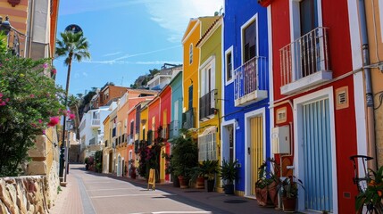 Fototapeta premium vibrant coastal charm colorful houses line sunny villajoyosa promenade