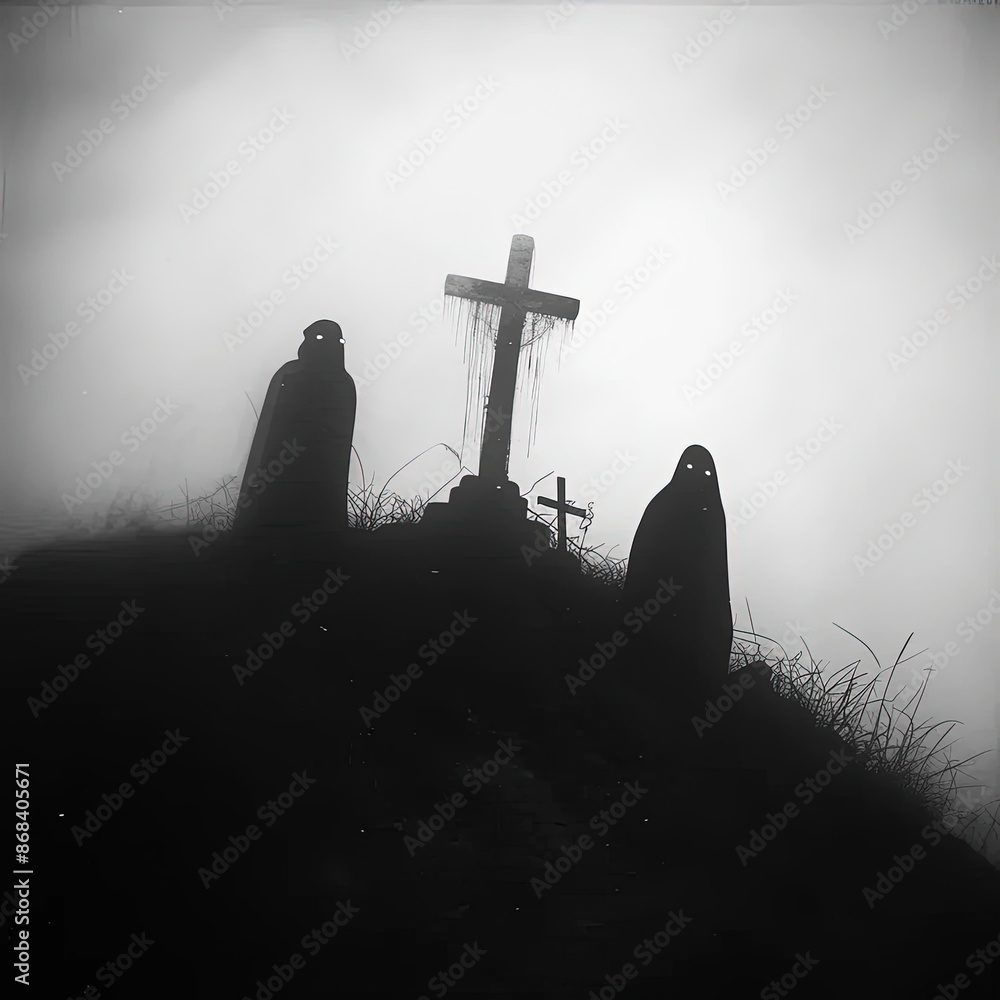 Poster a black and white photo of a cemetery with a cross in the fog