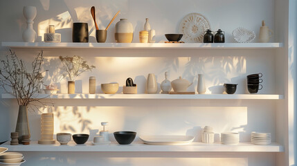 Modern minimalist wall with sleek shelves displaying a sophisticated array of curated decor items.