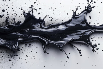Black ink splash explosion isolated on white background, 3D rendering illustration in the style of flat lay, top view, front view.
