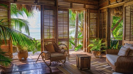 Fototapeta premium tropical resort with woven bamboo Bahama shutters, enhancing the natural, relaxed atmosphere of the vacation spot