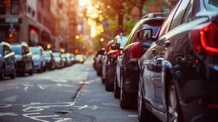 A row of parked cars on a busy city street, demonstrating the demand for parking in urban areas.