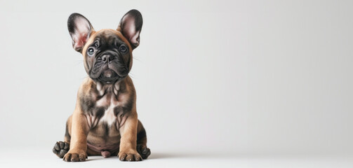 Playful brindle French Bulldog puppy with a tilted head, creating a heartwarming scene against a white studio background.