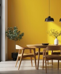 Minimalist dining area with a yellow wall and modern chairs