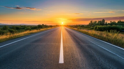 A serene view of an empty road stretching into the horizon at sunset, symbolizing endless possibilities and adventures.