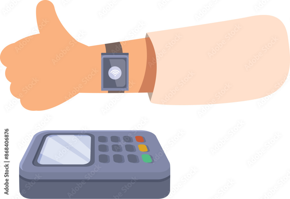 Poster hand with smartwatch making contactless nfc payment transaction on pos terminal