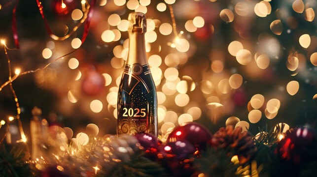 Abstract New Year’s lights gold and dark red colors bokeh background, a festive bottle of champagne with glowing number 2025 and Christmas decorations. Happy New Year 2025 concept.