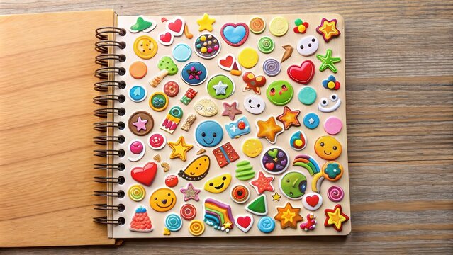 Stickers arranged creatively on a notebook cover for personalization, stickers, notebook, cover, personalization