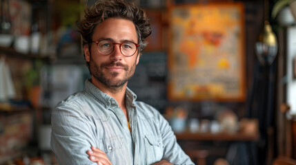 Handsome Businessman Smiling Confidently in Cafe Setting