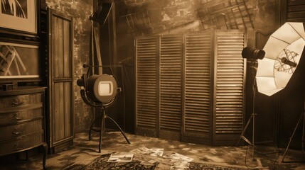 vintage photography studio with Bahama shutters in sepia tone, creating an ambiance of historical charm