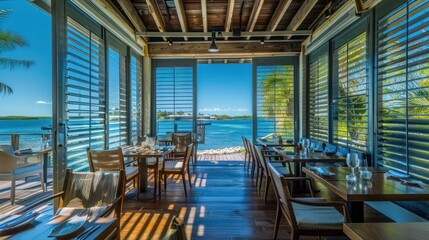 Fototapeta premium waterfront restaurant with Bahama shutters that open to reveal panoramic views of the ocean, blending functionality with spectacular scenery