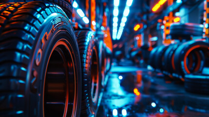 Fototapeta premium A lot of tires with different treads stand in a dark auto repair shop with warm lighting. Tires in room. Concept of auto parts, rubber.