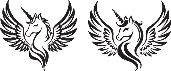 Art and illustration of Unicorn vector silhouette logo style image.