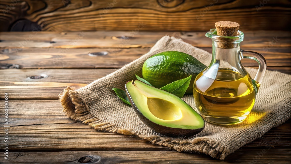 Wall mural Oil and ripe fresh avocado on rustic wooden table, avocado, oil, ripe, fresh, healthy, cooking, ingredients, natural, organic