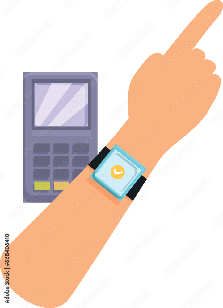 Poster person paying contactless using a smartwatch with nfc technology on a pos terminal
