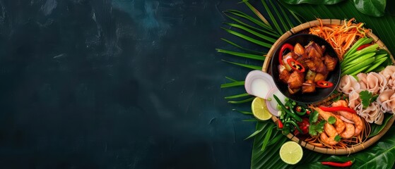 A lively culinary explosion featuring a mix of classic Thai flavors and futuristic presentation with copy space