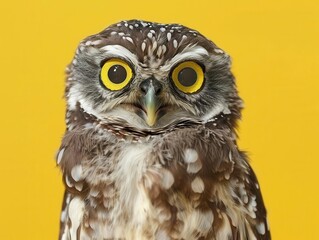 Naklejka premium whimsical owl portrait closeup of wideeyed owl with ruffled feathers and comically surprised expression set against vivid yellow background for maximum visual impact