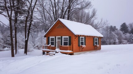winter cabin with insulated Bahama shutters, providing warmth and style in the snowy landscape