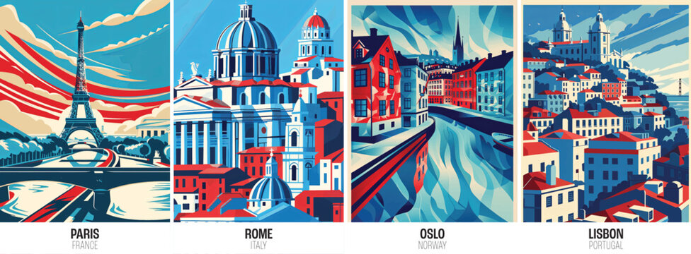 Set of european city posters including paris rome oslo lisbon