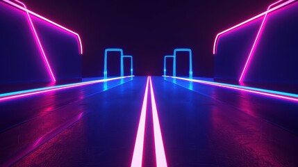 A minimalist cyber travel banner featuring neonlit landmarks and sleek digital pathways with copy space