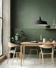 Minimalist dining room with green wall and modern chairs