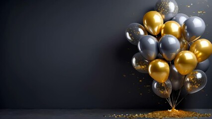 Festive background with confetti, golden and gray balloons on a dark background - Powered by Adobe