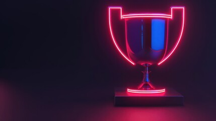 A minimalist cyber winner banner featuring a glowing neon trophy and sleek digital graphics with copy space