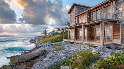 Fototapeta premium Beach house on rocky coast with wooden Bahama shutters, offering storm protection and natural style